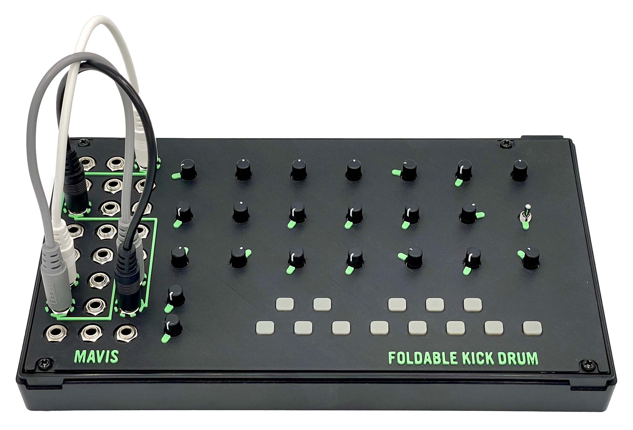Foldable Kick Drum patch sheet placed on the Mavis Synthesizer